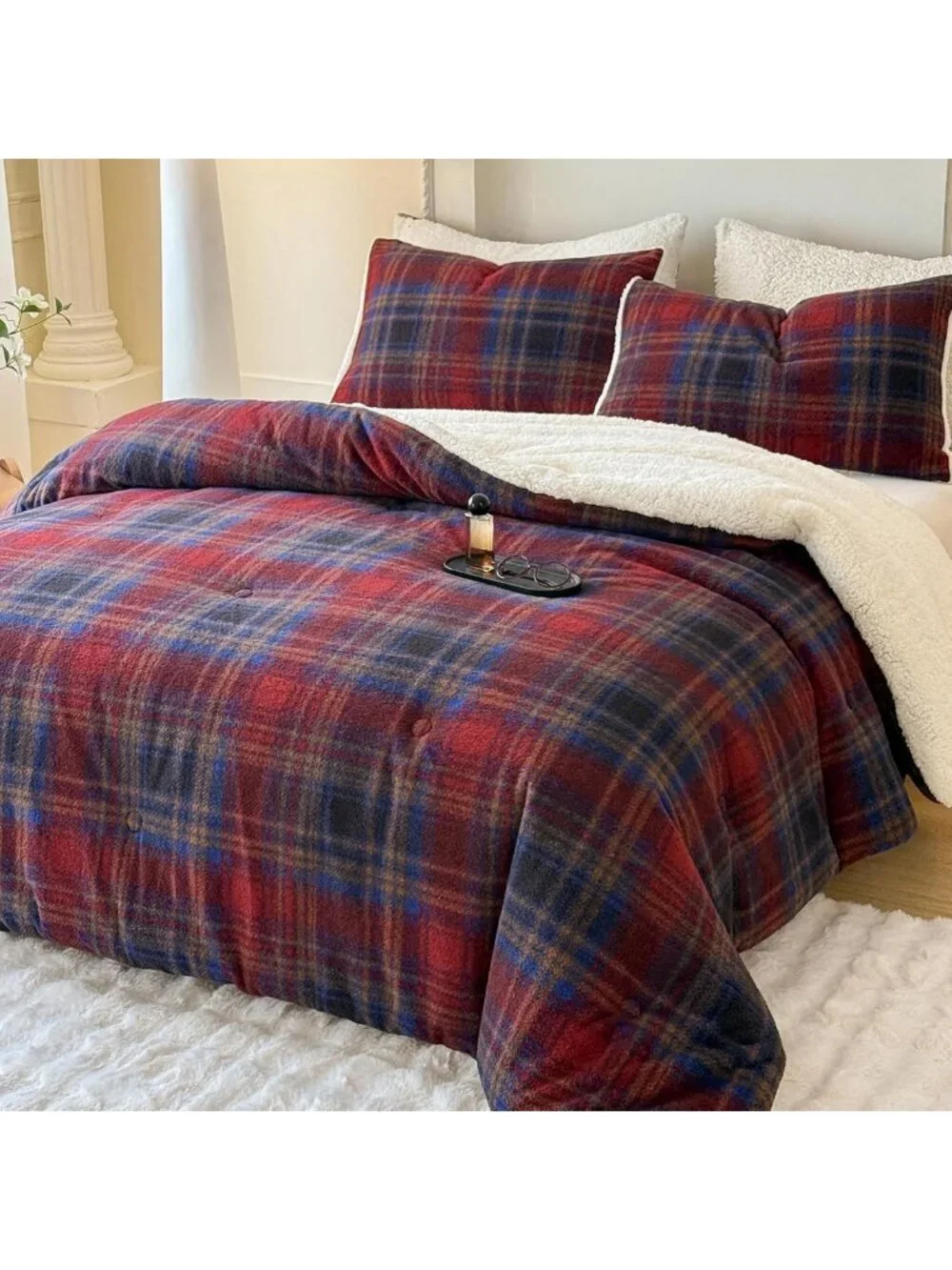 Cozy Plaid Sherpa Comforter Set, 3-Piece Fluffy Fleece Bedding, Queen Size